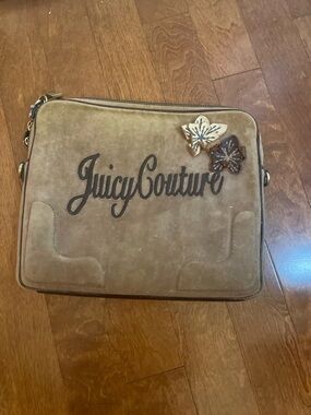 Juicy Couture Tan Suede lap top Bag with Floral Appliqués